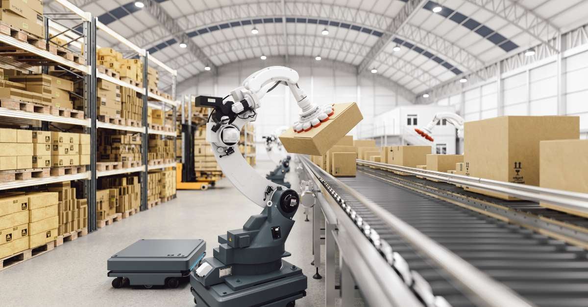Robotic arm powered by AI loads a package onto a warehouse conveyor belt.