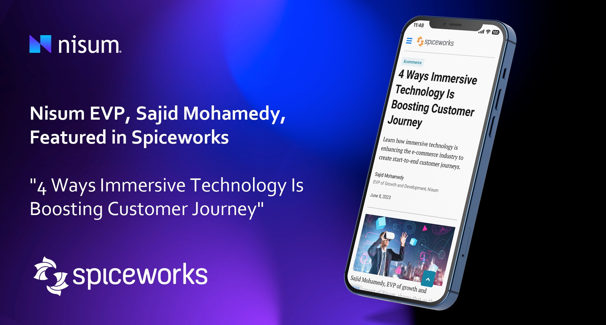 Graphic Image of a phone that shows Nisum's EVP, Sajid's article in Spiceworks.