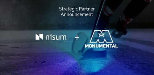 Graphic of the logo for Nisum and Monumental sports with a plus sign in between to showcase the partnership between the two companies.