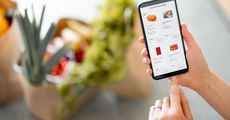 Woman orders groceries online using her smartphone.