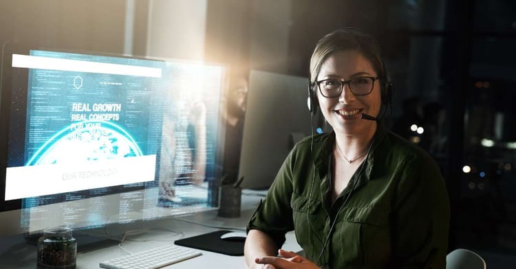 A Woman working in retail customer care sits in front of an AI generated retail customer care portal screen smiling