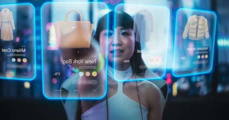 Woman looks through holographic AI-powered clothing suggestions.